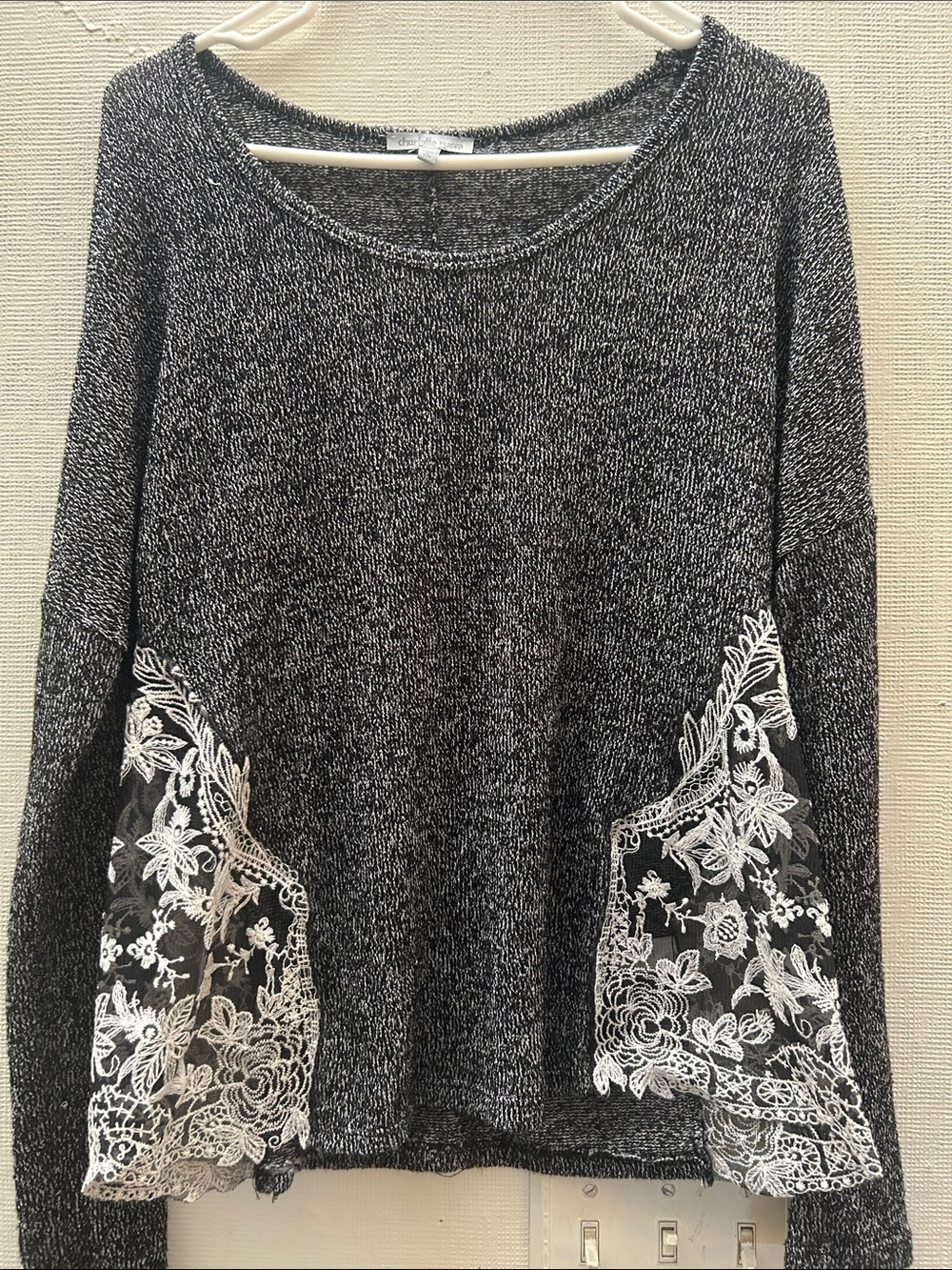 Charlotte Russe Black & White Marled Crewneck Sweater with Lace Pocket Panels